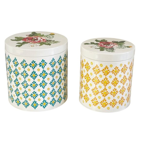 Pioneer Woman Metal Canister Set Floral Geometric Pattern 2 Piece Colorful - Picture 2 of 8